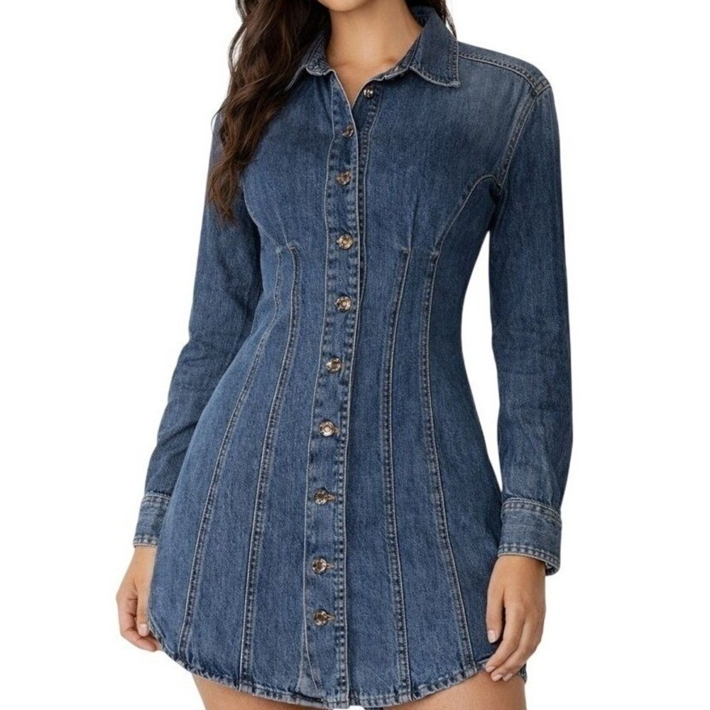 GRLFRND Grace Denim Corset Shirt Dress Small Blue Button Front Mini Revolve